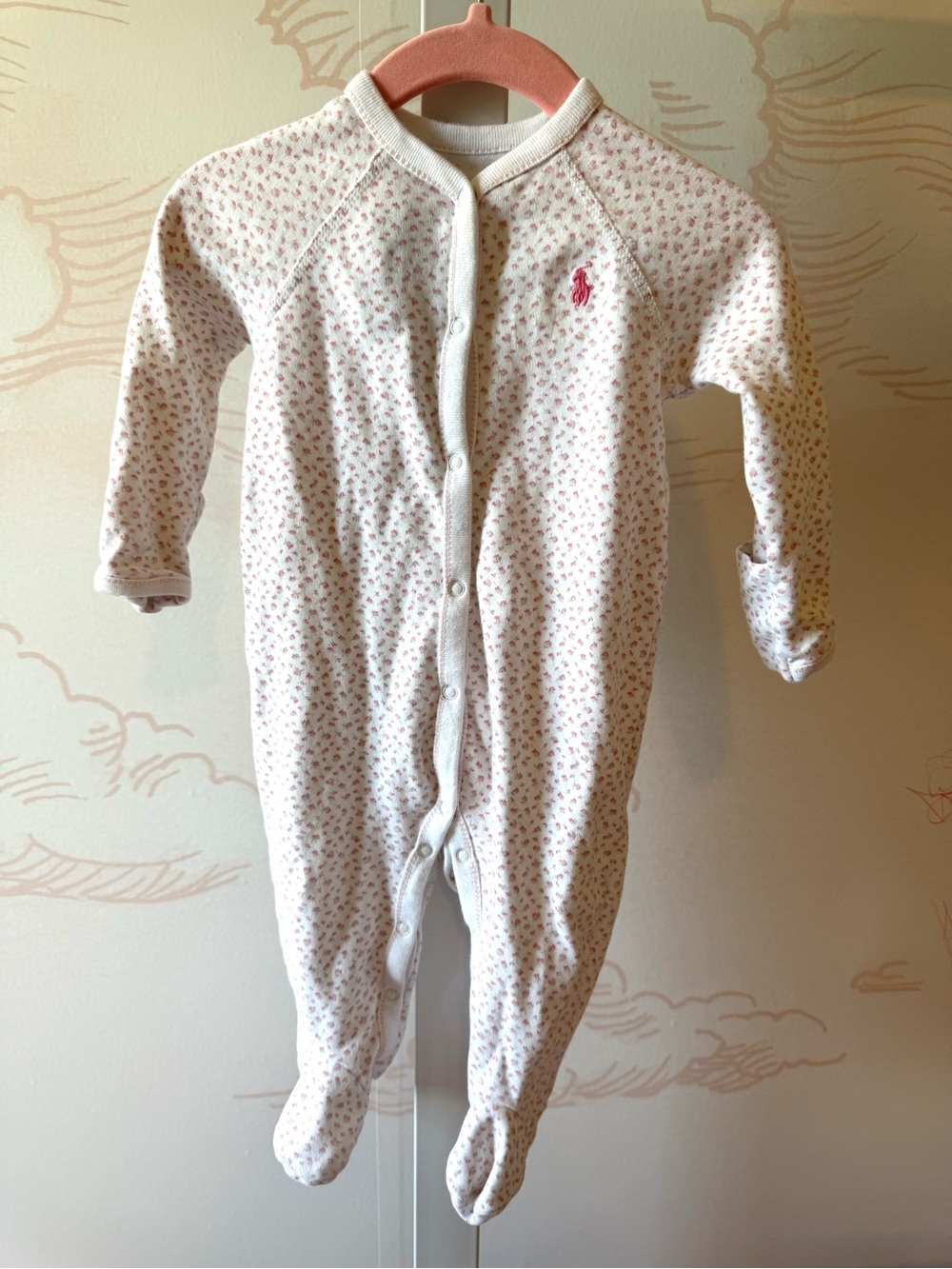 Ralph Lauren White Baby Footed One-Piece with Pink Floral Print- 6 Months